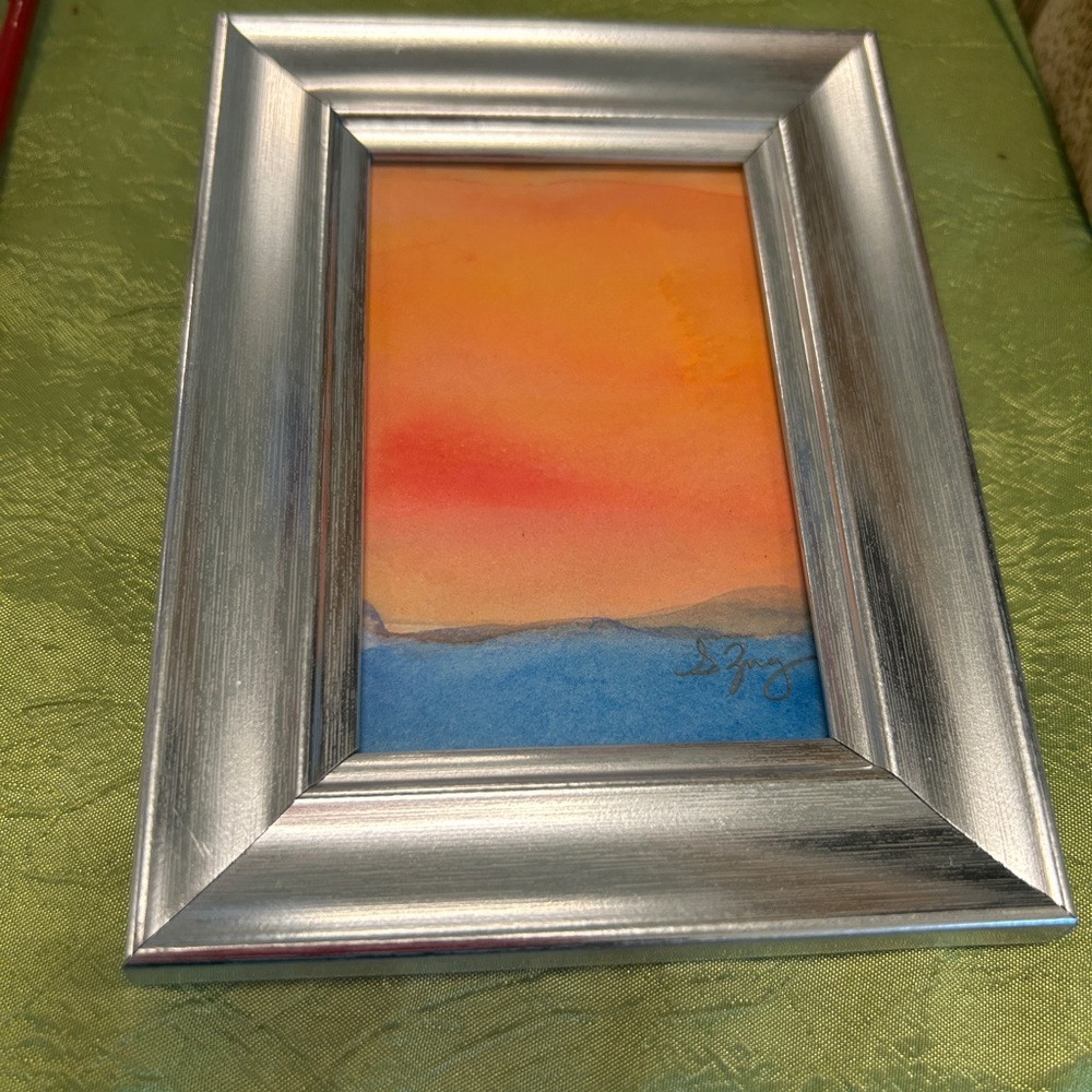 Silver Frame with Watercolor Sunset Art